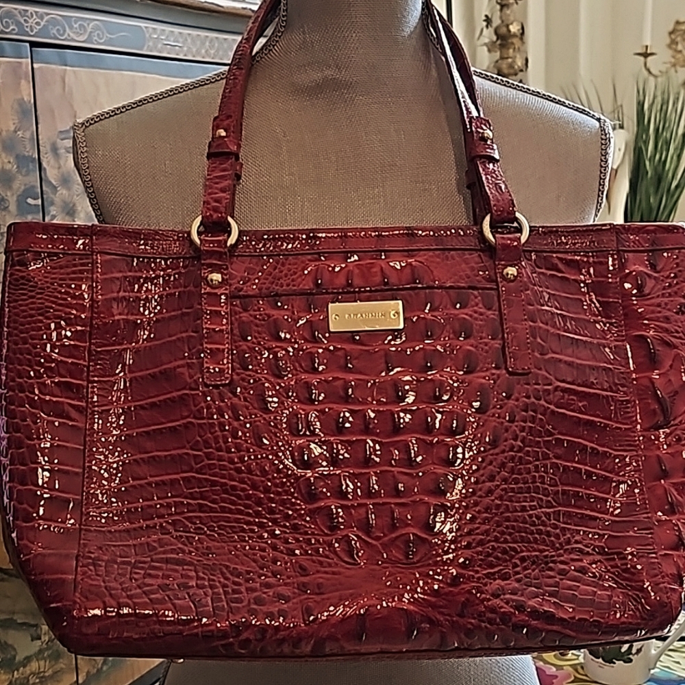 BRAHMIN Deep red patent leather tote.